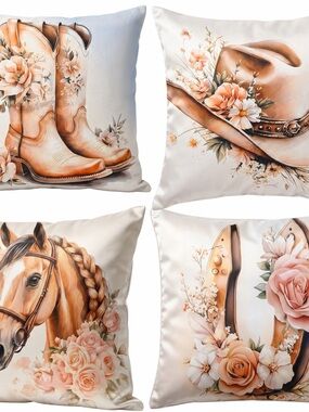 Country Chic Floral Western Throw Pillow Covers - Cream & Peach Set